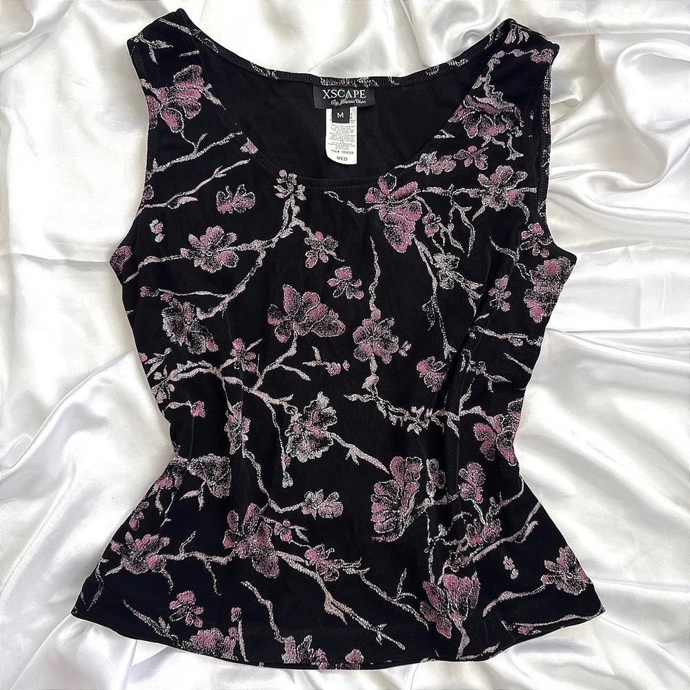 XSCAPE by Joanna Chen Womens Black Pink Silver Metallic Floral Ribbed Tank Top M